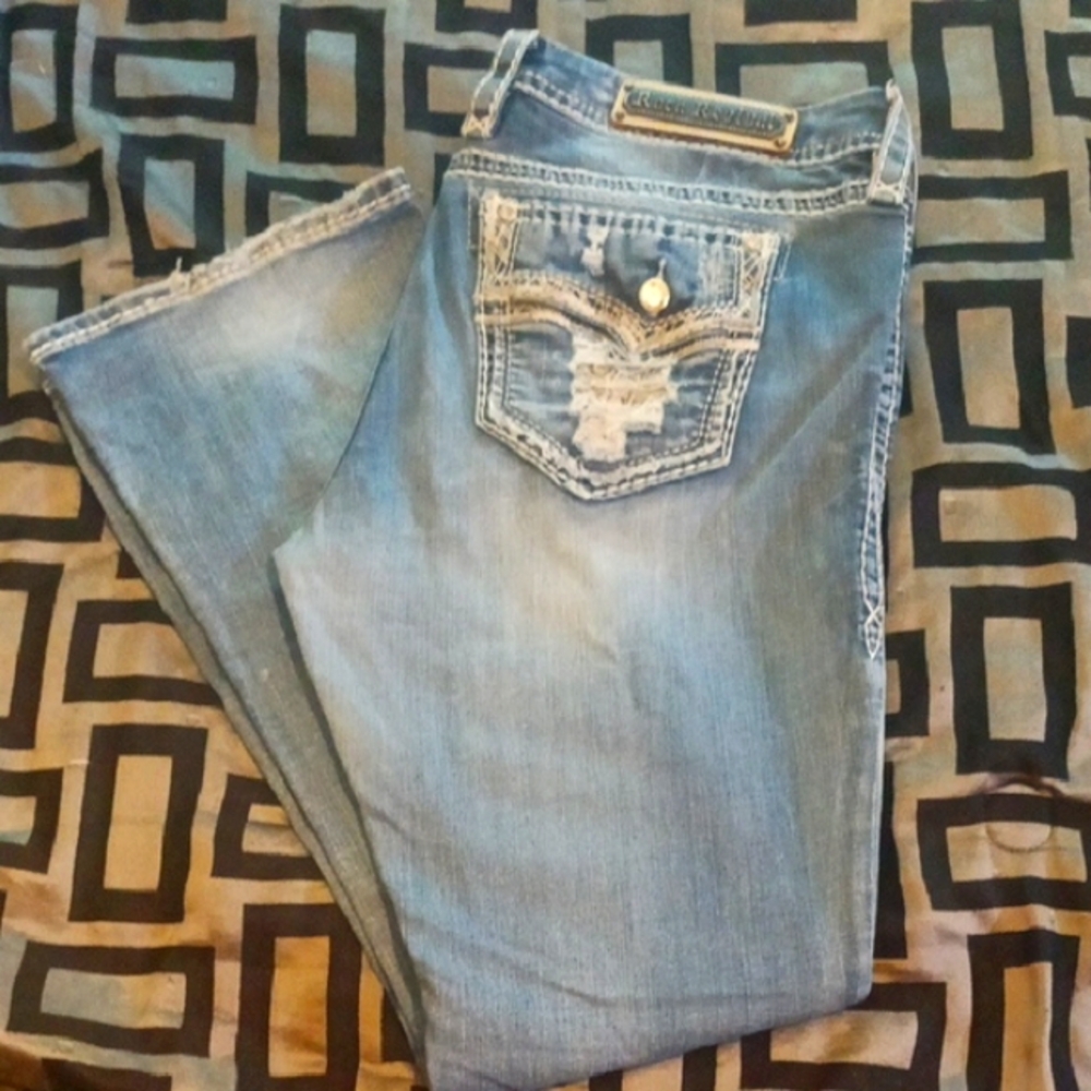 Rock Revival Blue Boot Cut Jeans with Embellished Back